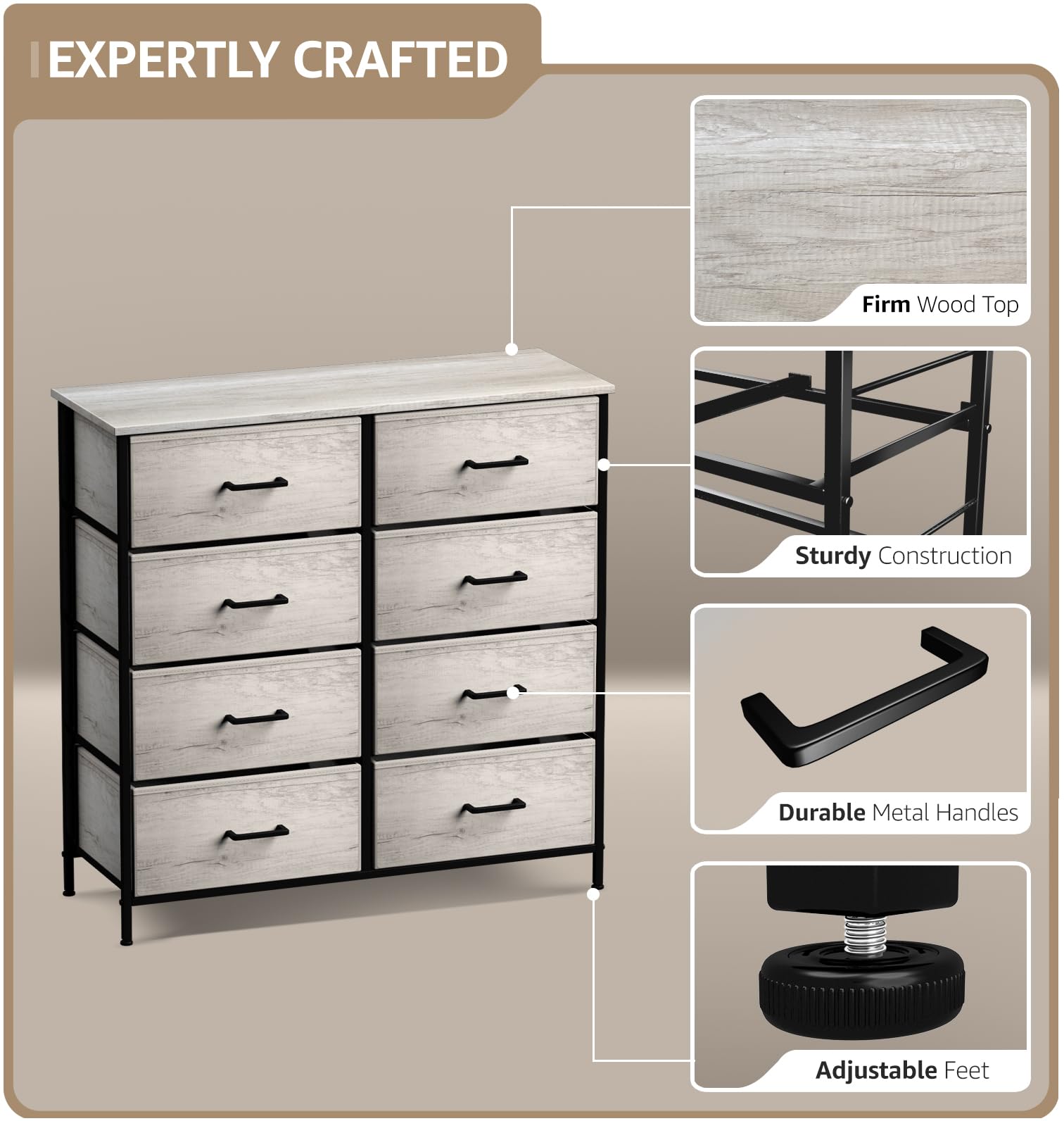 Sorbus 8-Drawer Dresser Organizer with Steel Frame & Wood Top - Fabric Bin Storage Chest for Clothes, Bedroom, Living Room & Closet - Perfect for Small Spaces & Home Organization