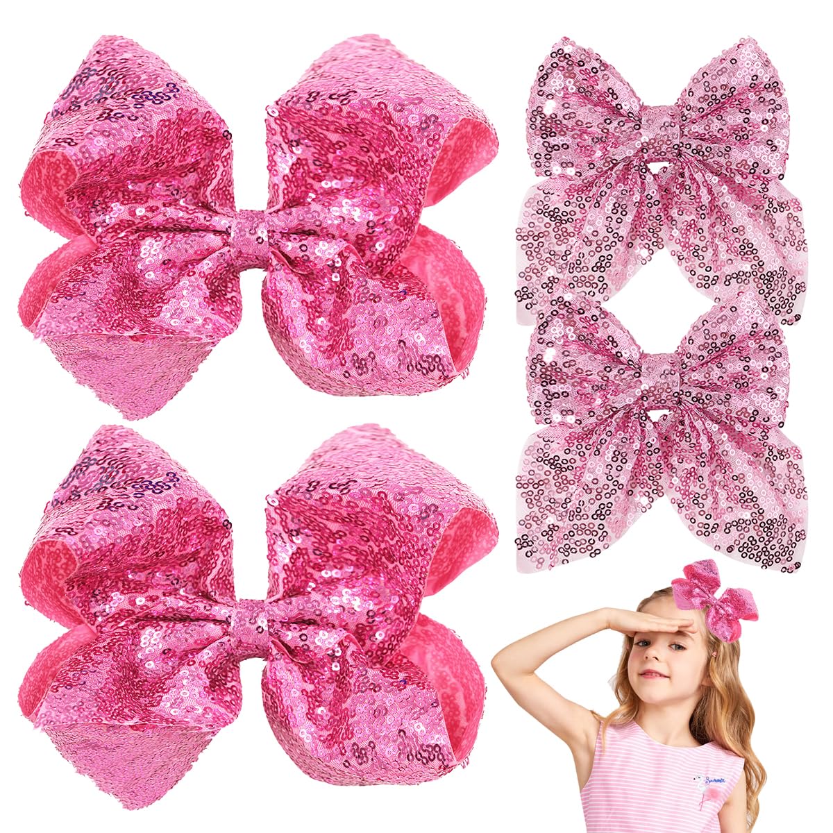 Aaiffey Sparkly Sequin Glitter Hair Bows for Girls - 4PCS Pink Alligator Clip Hair Accessories for Toddlers, Kids & Teens | Perfect for Parties, School, and Everyday Wear