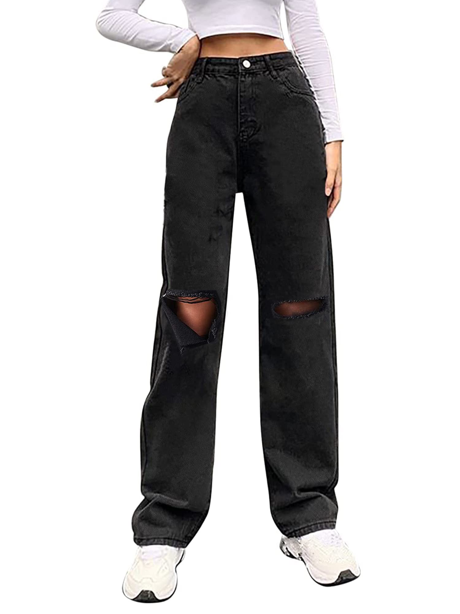 Genleck Women's High Waist Loose Ripped Boyfriend Jeans - Baggy Distressed Wide Leg Denim Pants for Casual Wear, Street Style & Y2K Fashion Outfits