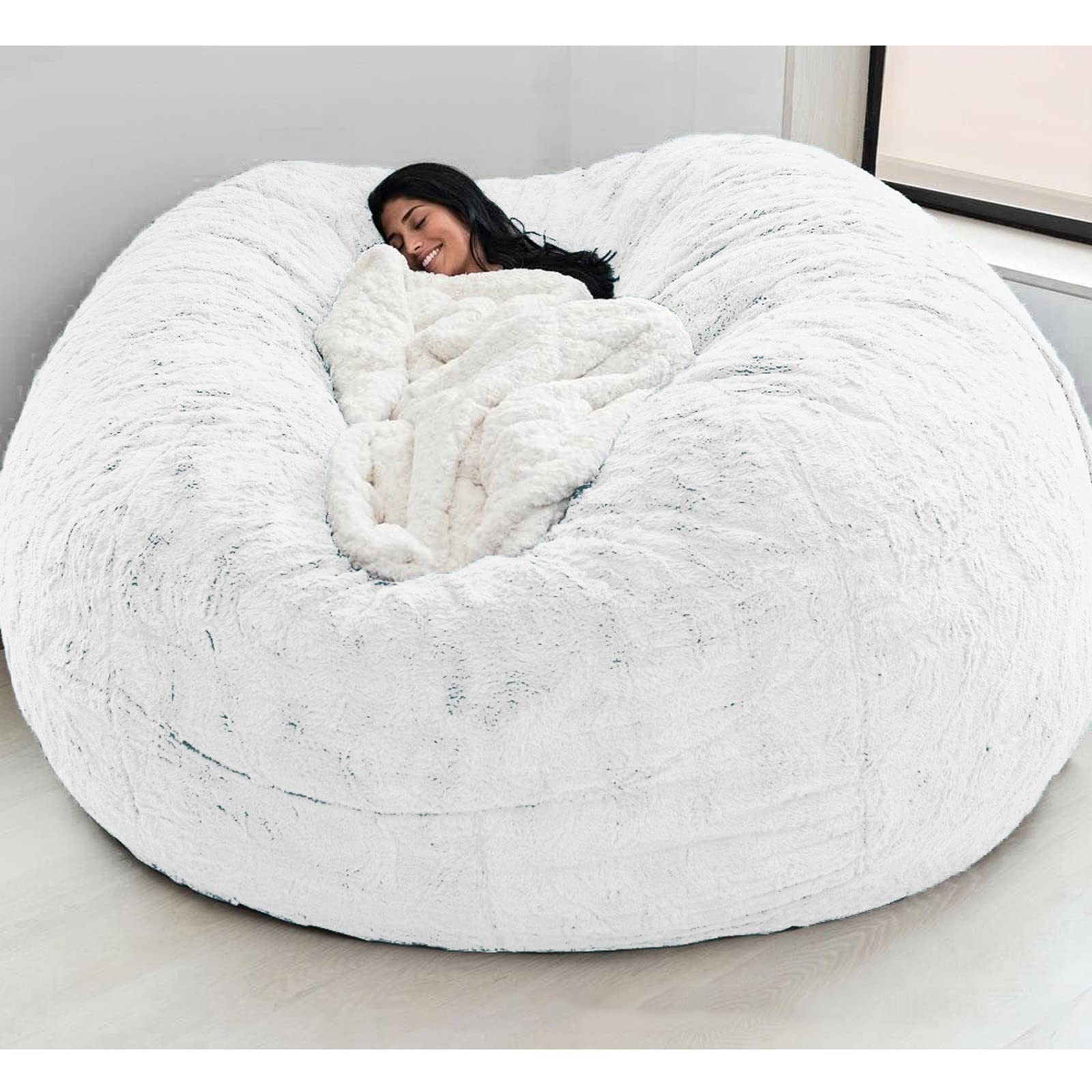 Giant Fluffy Faux Fur Bean Bag Chair for Adults - Oversized Round Soft Lazy Sofa Bed (86x56cm, White) | Perfect for Living Room, Bedroom & Game Room Relaxation