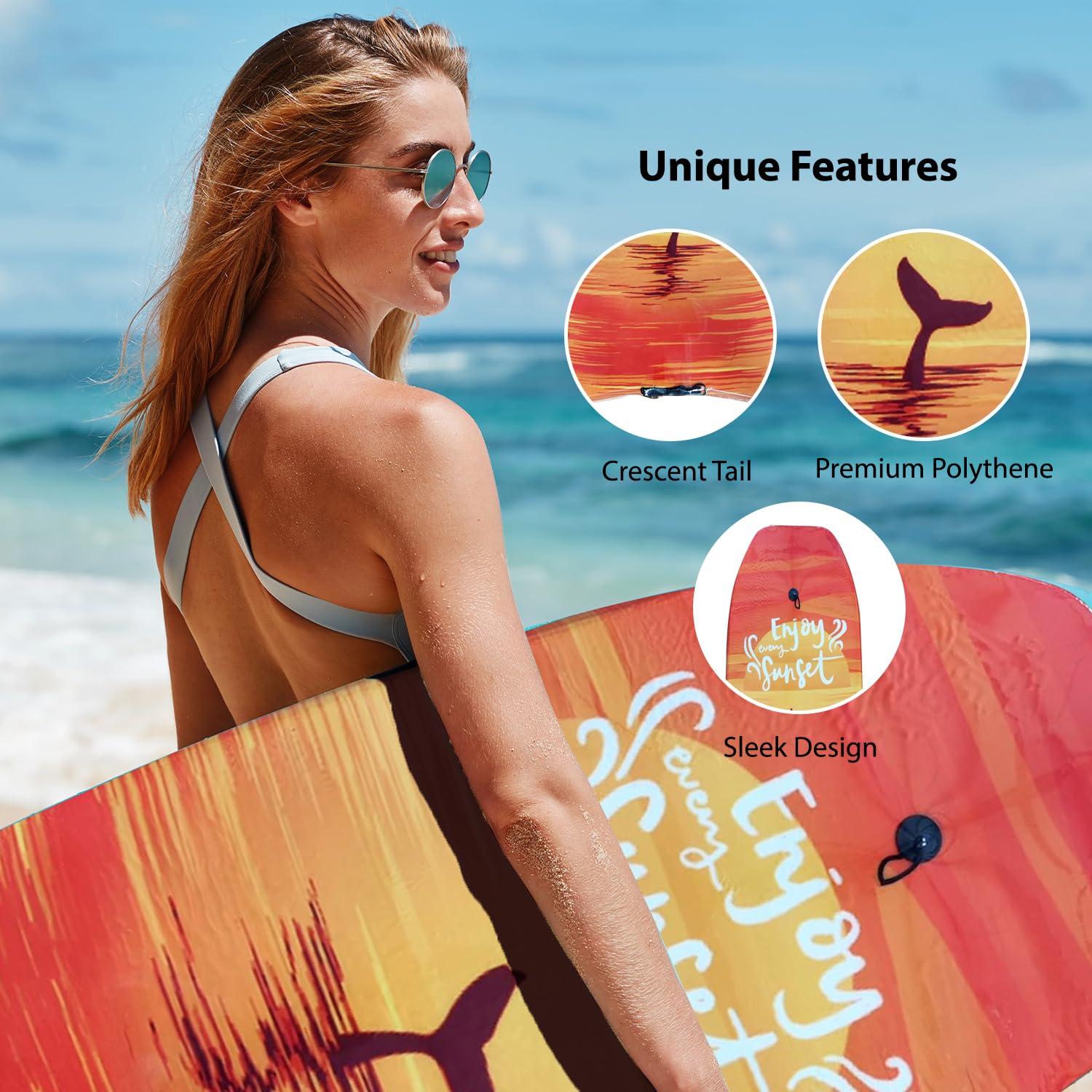 Premium Lightweight & Durable Boogie Board for Adults - Beach Bodyboard with Leash & Slick Bottom for Surfing, Wave Riding & Summer Water Sports