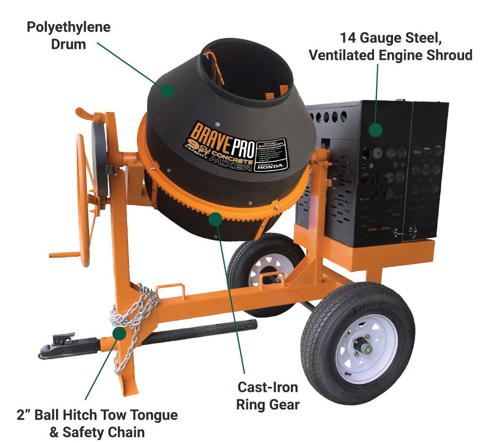 Brave 9 Cu. Ft. Concrete Mixer with Poly Drum & Honda GX270 Engine - Perfect for Construction Sites, DIY Projects & Home Renovations