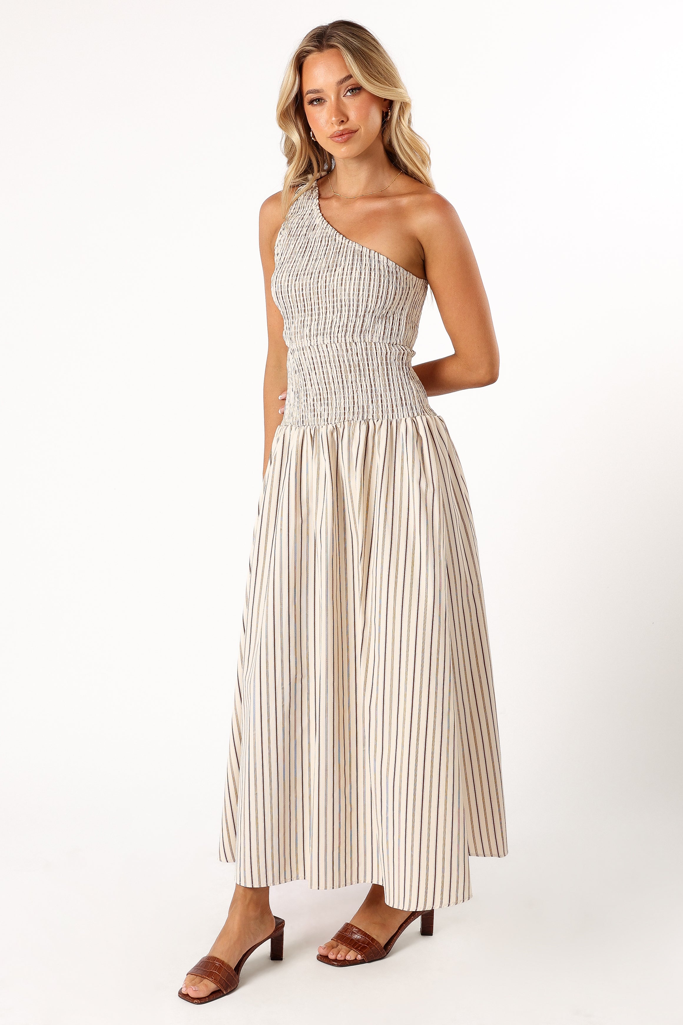 Jordana One Shoulder Midi Dress - Brown Striped Summer Dress for Women | Beach Wedding, Cocktail Party & Vacation Outfit