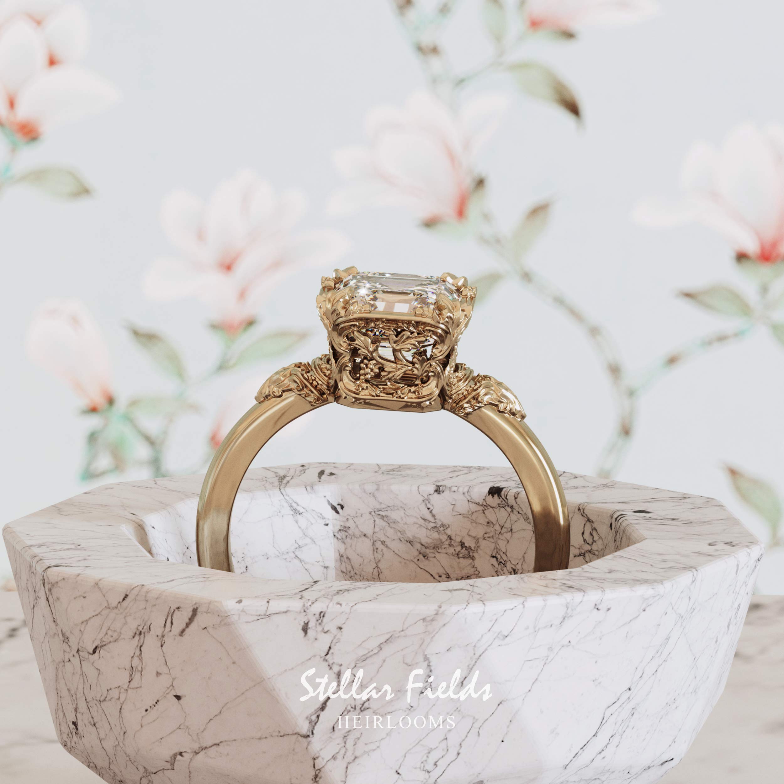 Exquisite Asscher Cut Diamond Engagement Ring - Vintage Aida Design with Nature-Inspired Heirloom Chevron Band | Perfect for Proposals, Anniversaries & Special Occasions