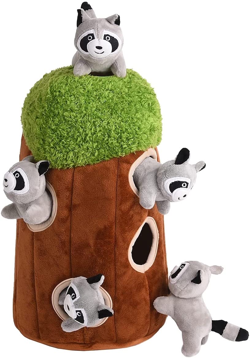 Interactive Plush Raccoon Hide & Seek Dog Toy with Squeaker - Fun Burrow Game for Small & Medium Dogs - Realistic Tree Trunk Design with Hidden Raccoon - Perfect for Indoor Play, Training & Stimulating Your Pet's Natural Hunting Instincts