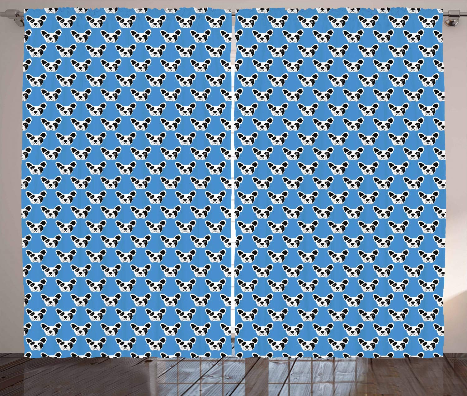 Ambesonne French Bulldog Curtains - Abstract Hipster Dog Head Pattern, Funny Puppy Design for Living Room & Bedroom, 2 Panel Window Drapes 108x96 Inches, Blue Black White - Perfect for Pet Lovers & Modern Home Decor