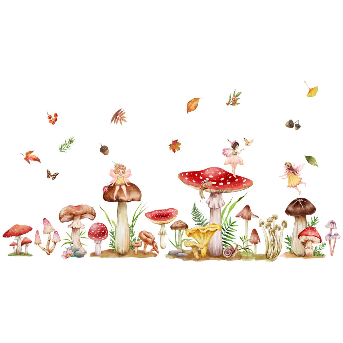 Fairy Forest Mushroom Wall Decals - Woodland Nursery Stickers for Girls Bedroom, Living Room & Kitchen - Fall Leaves & Nature-Themed Room Decor - Perfect for Kids Rooms, Playrooms & Home Interior Design