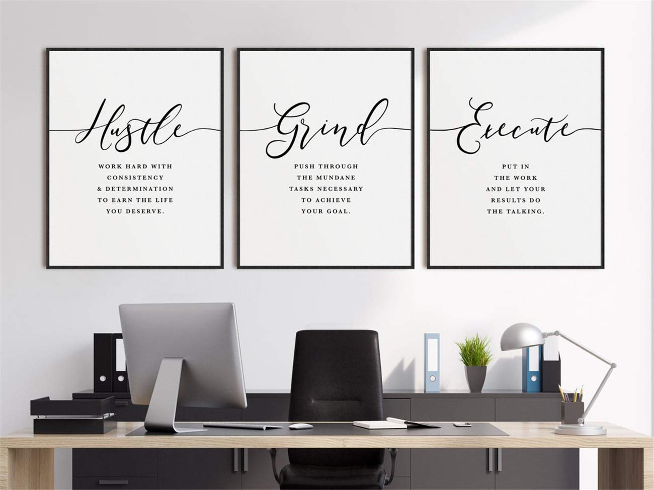 NATVVA 3-Piece Black Motivational Quote Canvas Wall Art - Inspirational Hustle & Grind Posters for Office & Home Decor - Framed Ready to Hang - Perfect for Living Room, Bedroom, or Workspace Motivation