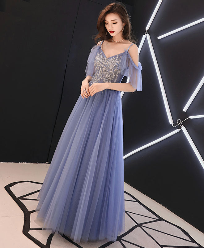 Elegant Blue V-Neck Tulle Lace Long Prom Dress | Formal Evening Gown for Women | Perfect for Homecoming, Ball, Wedding & Special Occasions