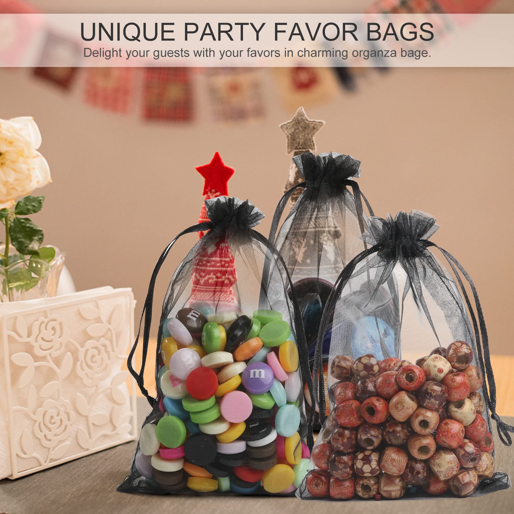 ANZNKU 100 Pack Premium Black Organza Drawstring Bags 4x6 Inches - Wedding Favor Bags, Jewelry Gift Bags for Party, Christmas, Birthday - Perfect for Wedding Favors, Jewelry Packaging & Party Giveaways