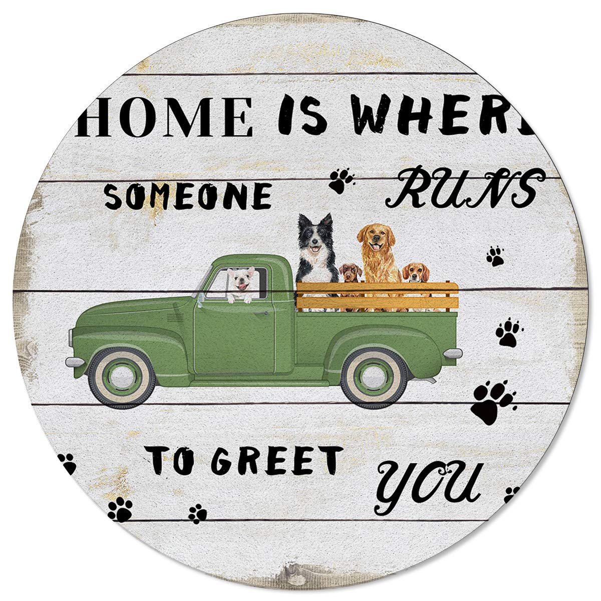 Vintage Wood Grain Washable Area Rug - 5FT Round Indoor/Outdoor Carpet for Kids, Teens, Bedroom, Living Room | Farmhouse Style with Green, Black Dog Design | Perfect for Home Decor, Dorm, Playroom & Patio