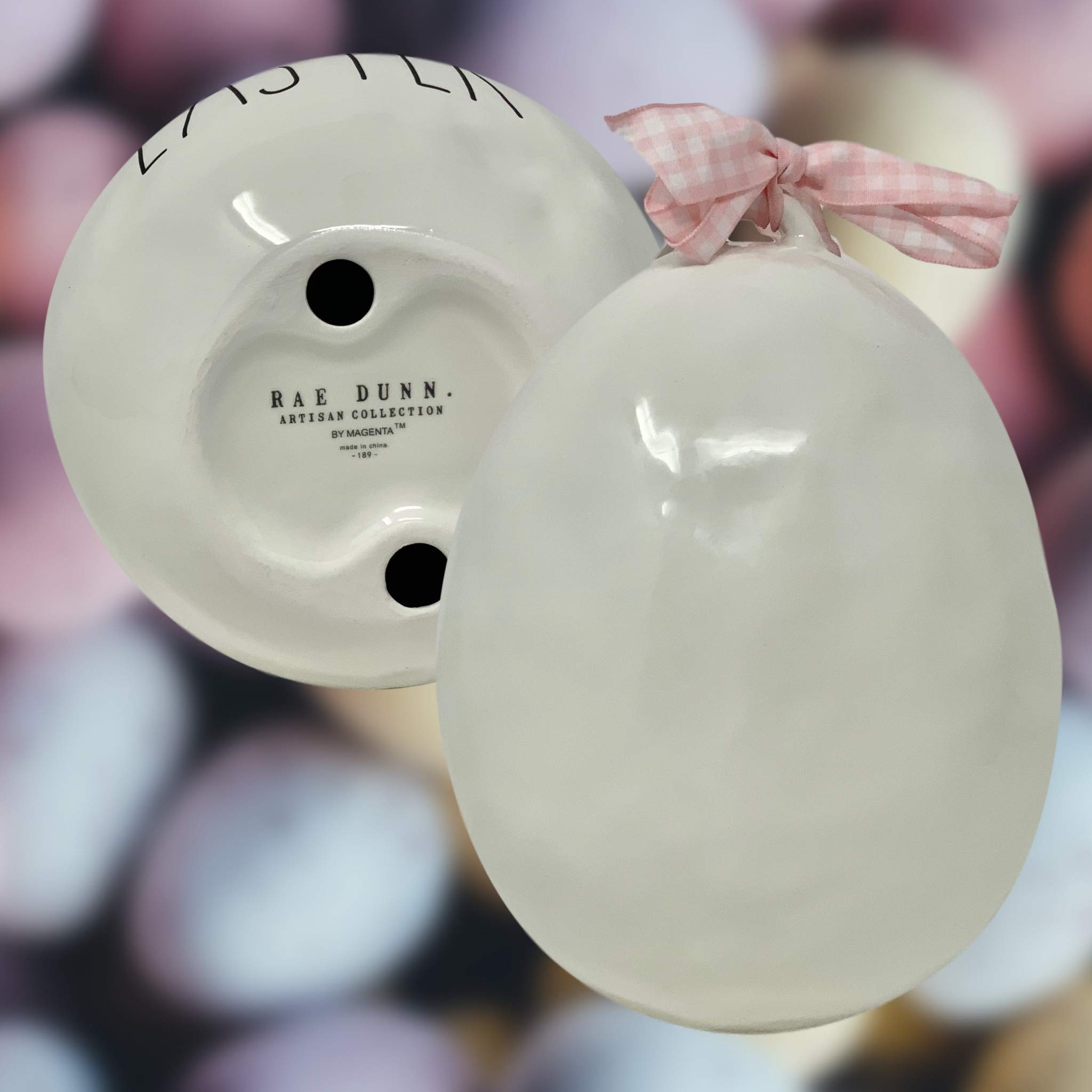Rae Dunn Large White Easter Egg - Artisan Collection by Magenta - Happy Easter in Bold Black Lettering - Perfect for Easter Home Decor, Table Centerpieces, and Spring Holiday Celebrations (Ribbon Style May Vary)