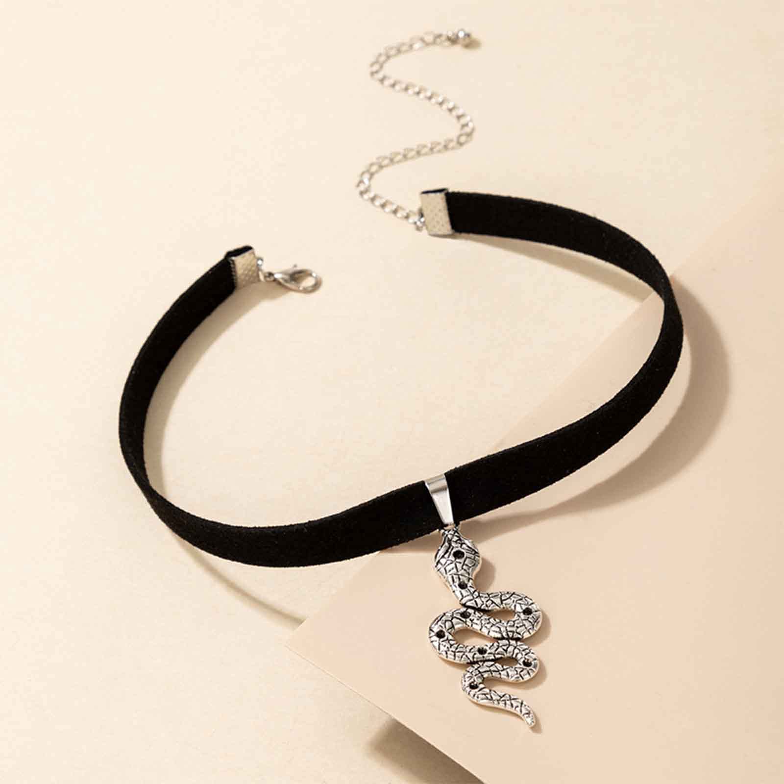 Gothic Punk Snake Necklace for Women - Silver Serpent Pendant with Black Velvet Choker Chain | Stretch Ribbon Gothic Jewelry | Perfect for Halloween, Cosplay, and Alternative Fashion