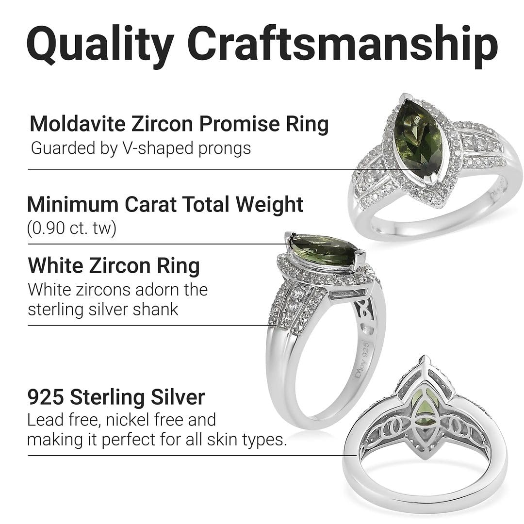 Moldavite Zircon Promise Ring for Women - 925 Sterling Silver Platinum Plated Wedding Jewelry, Size 6 - Perfect for Engagement, Anniversary, Birthday Gifts & Bridal Accessories | Elegant Jewelry for Special Occasions & Everyday Wear