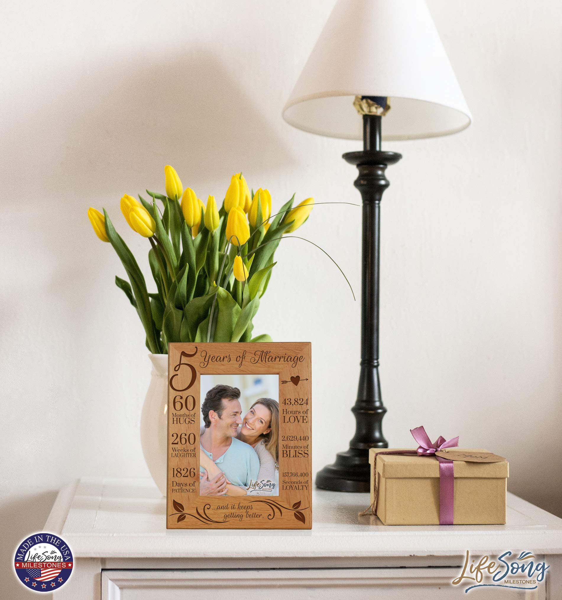 LifeSong Milestones 5 Year Anniversary Picture Frame - Elegant Wood Keepsake Gift for Wedding Anniversaries, Wife, Husband & Couples - Perfect for Displaying Cherished Memories in Home or Office Décor