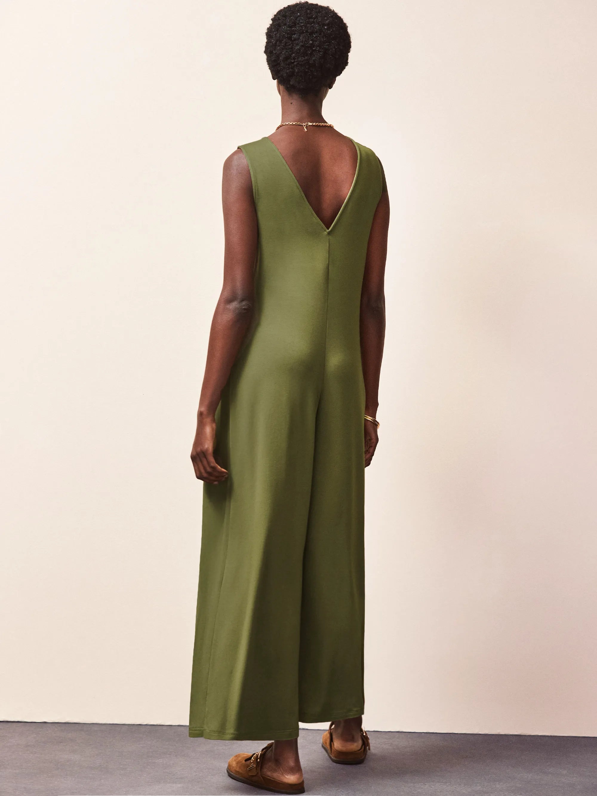 Women's Olive Green V-Neck Jersey Jumpsuit - Comfortable Stretchy Romper for Casual Wear, Lounge & Travel