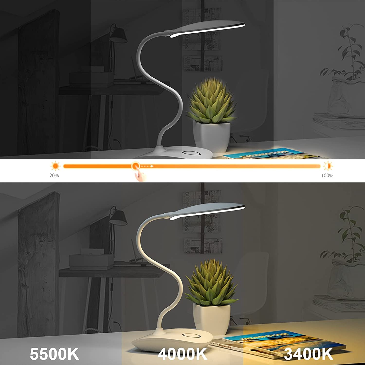 DEEPLITE Battery Operated LED Desk Lamp - 3 Stepless Dimming Modes, 5W Touch Control Eye-Caring Light, Adjustable Gooseneck for Dorm, Study, Bedroom - Portable Reading Light (Set of 2) | Perfect for Night Reading, Office Work & Home Decor