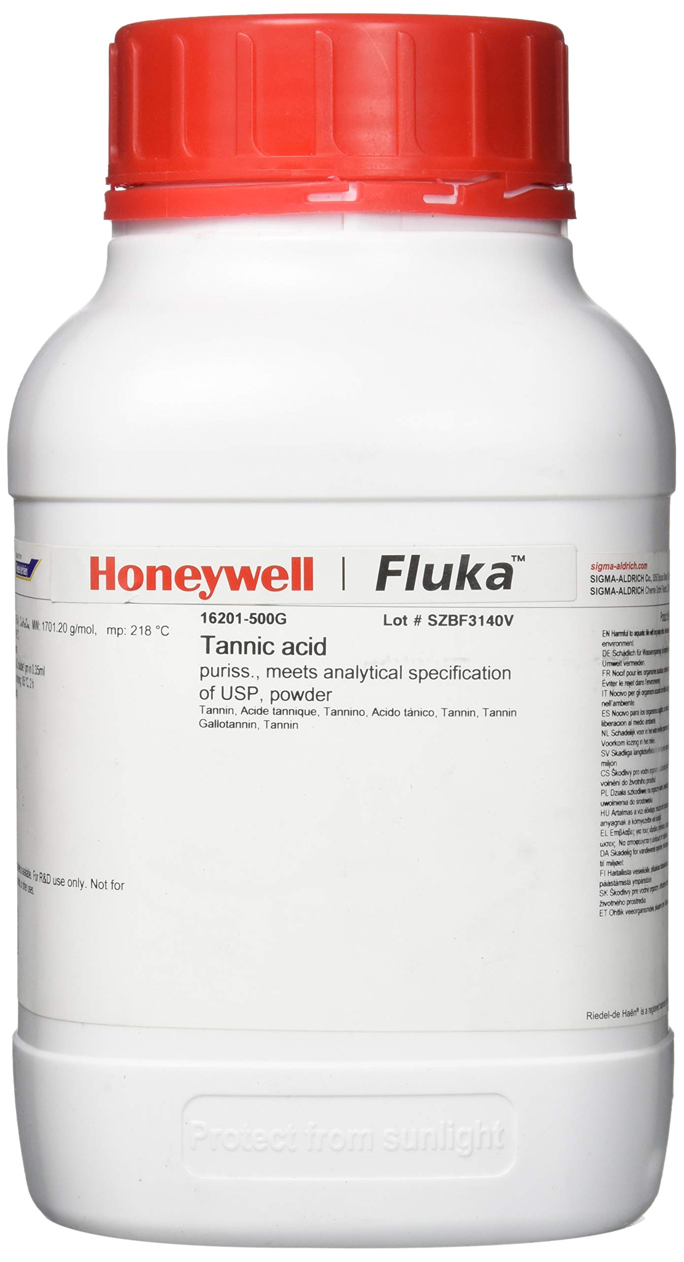 Honeywell 16201-500 g Tannic Acid, Puriss P.A. 500 Grams - High Purity Lab Grade for Leather Tanning, Dyeing, and Medical Applications