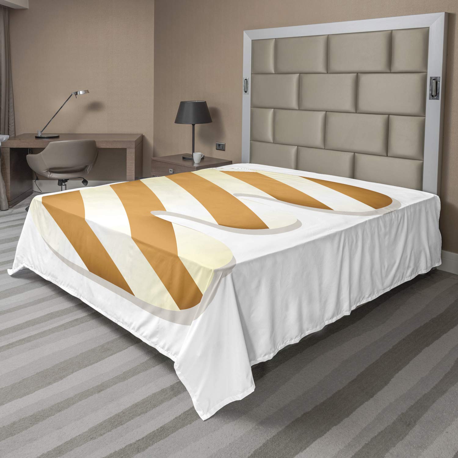 Ambesonne Christmas Alphabet Flat Sheet - Creamy Striped Cookie E Letter Design on Plain Backdrop | Soft & Comfortable California King Top Sheet | Ginger & Off White Holiday Bedding | Perfect for Festive Bedroom Decor, Guest Rooms & Seasonal Home Styling