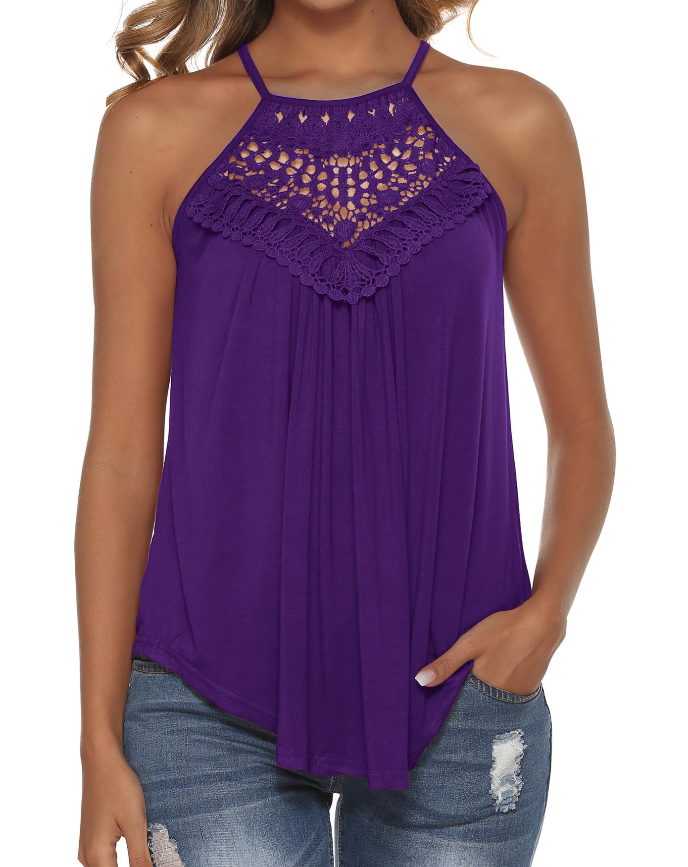 Bluetime Women's Summer Halter Spaghetti Strap Flowy Tank Top - Sleeveless Lace Cami Blouse for Beach, Party & Casual Wear