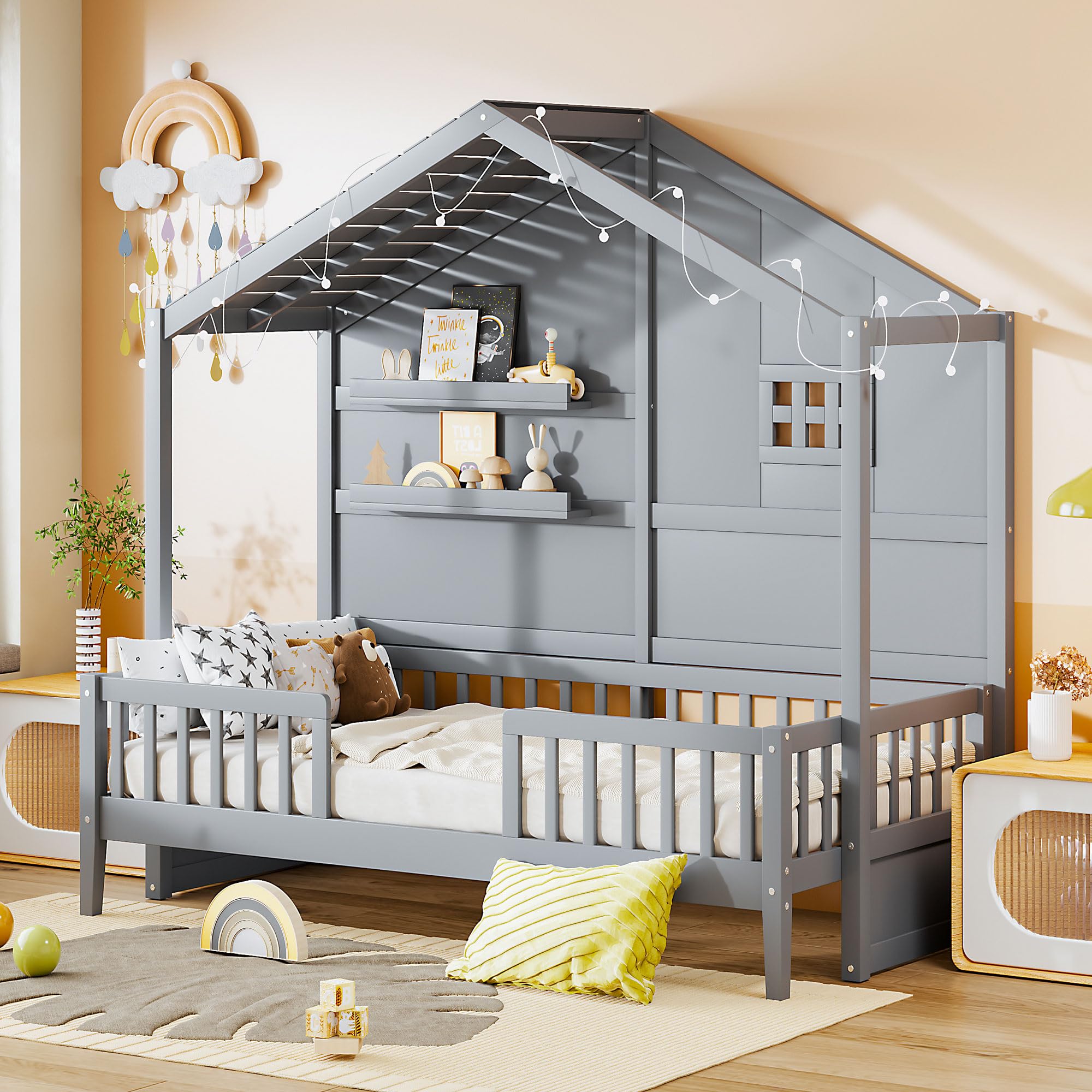 Twin Size Wooden Playhouse Bed with Full-Length Safety Fence - Kids Platform Bed Frame with Storage Shelves & LED Light Strips for Boys & Girls (Gray) - Perfect for Bedroom Decor, Playtime & Sleepovers