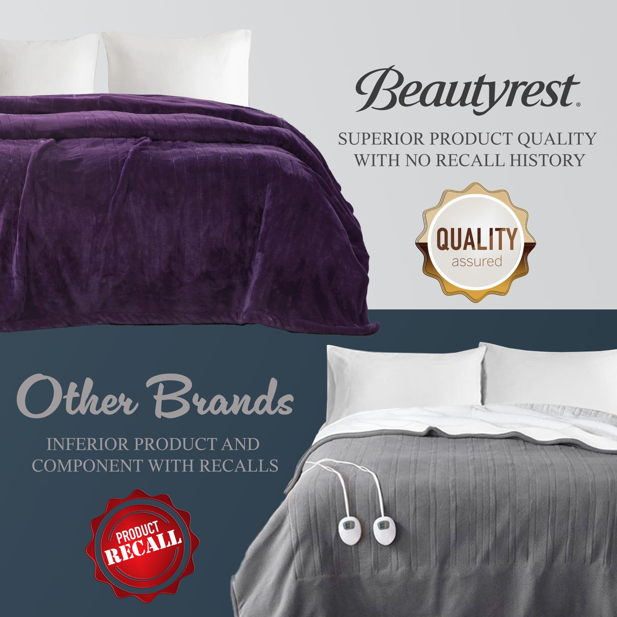 Beautyrest Electric Heated Blanket Queen Size (90x84 Inches) - Fast Heating, Auto Shut Off, 10 Heat Settings, Ultra-Soft Purple Blanket for Cold Weather - Safe with Virtually Zero EMF & UL Certified - Perfect for Bed, Couch & Winter Nights