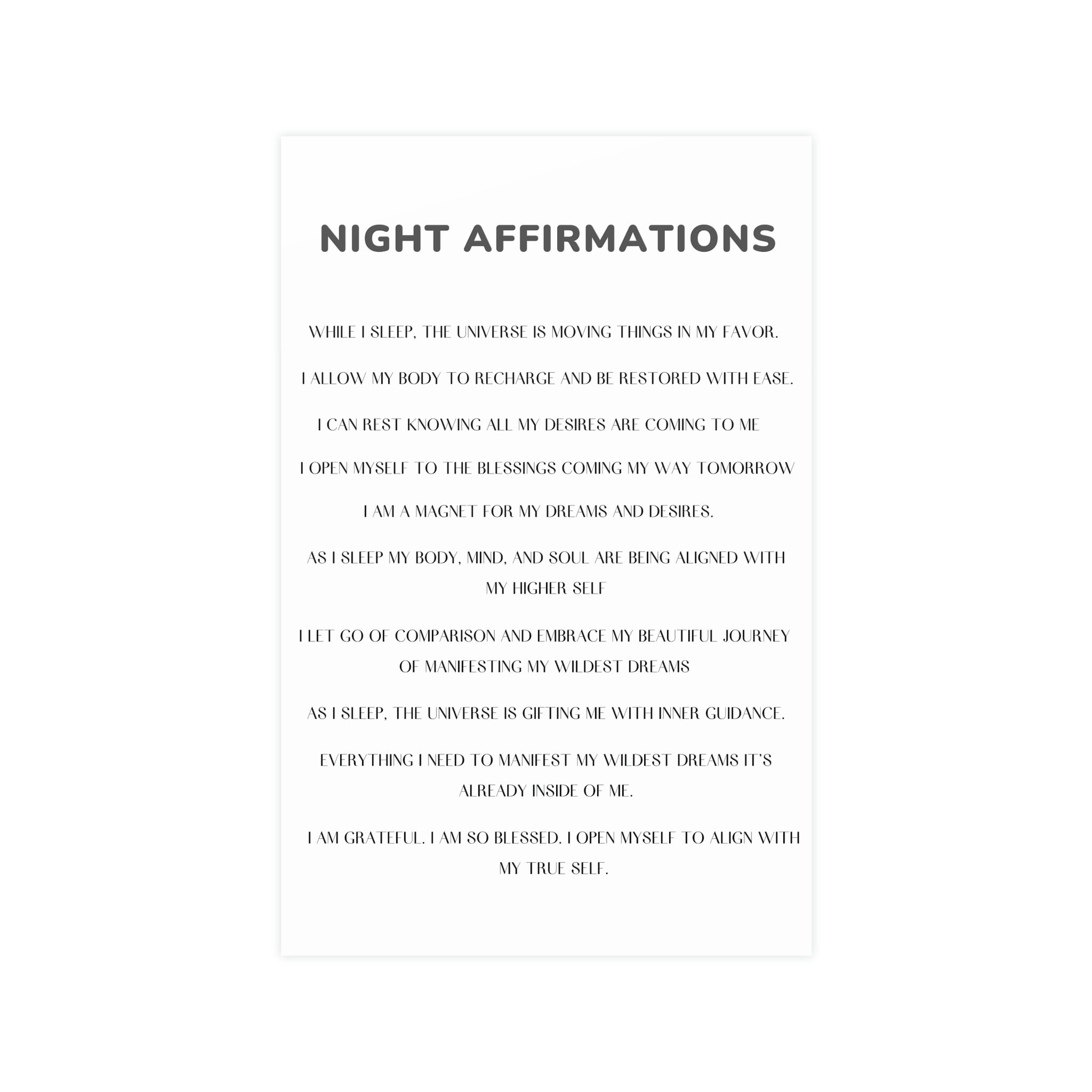 Night Time Affirmations and Manifestation Sayings Vertical Matte Poster - Positive Bedroom Wall Art for Meditation & Self-Care