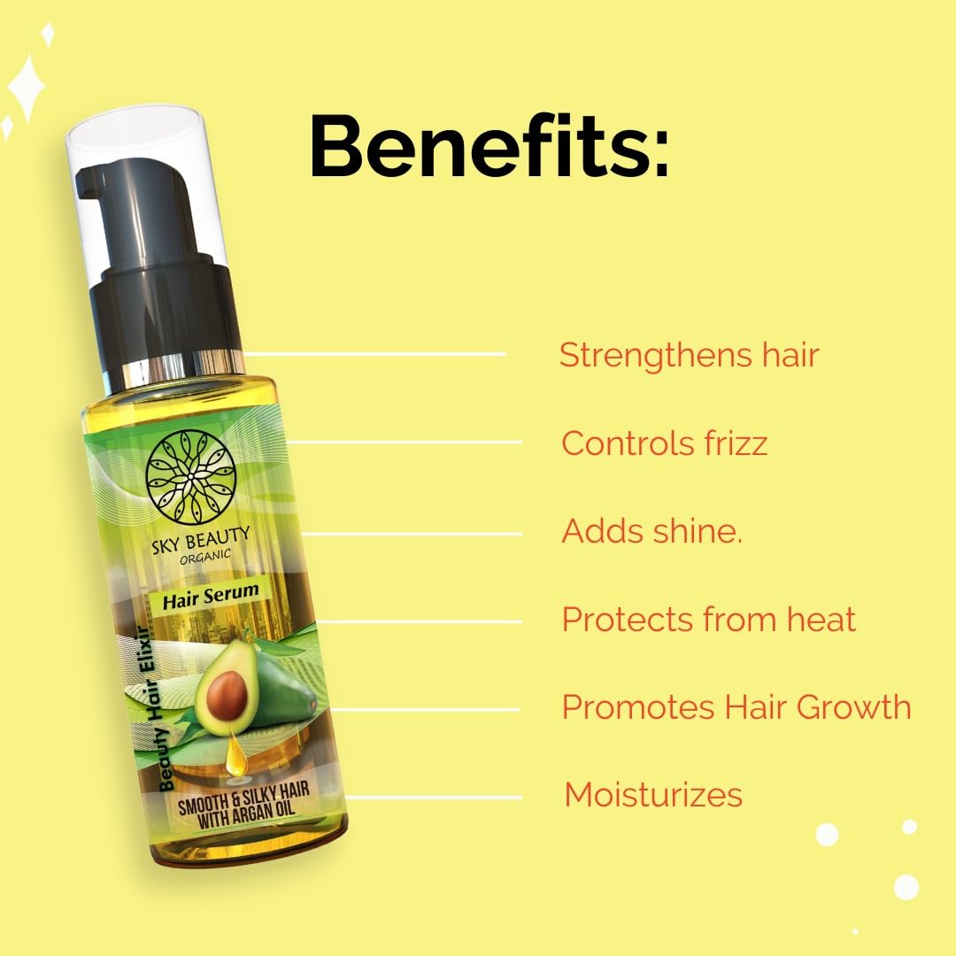 Sky Beauty Organic Hair Serum with Argan Oil - 100g Smooth & Silky Hair Treatment | Perfect for Daily Frizz Control, Heat Protection & Split End Repair