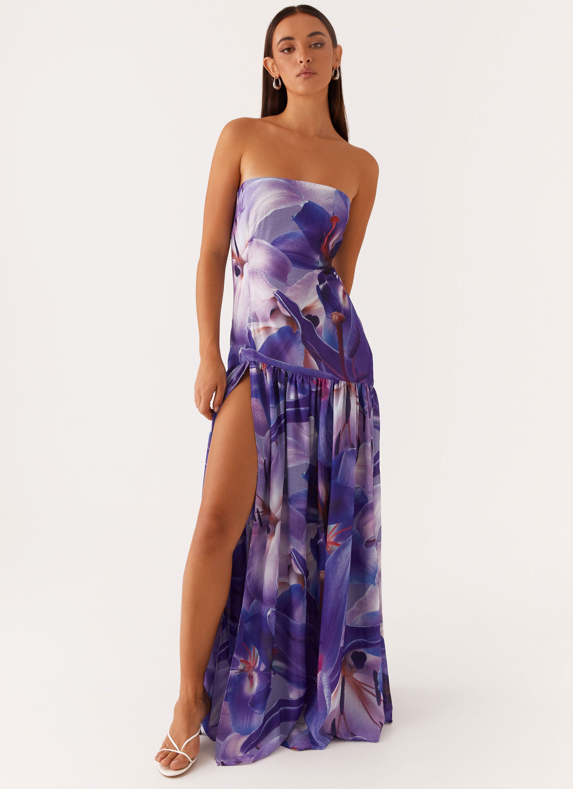 Eden Strapless Maxi Dress - Purple & White Floral Summer Beach Wedding Party Gown | Perfect for Vacations, Date Nights & Formal Events
