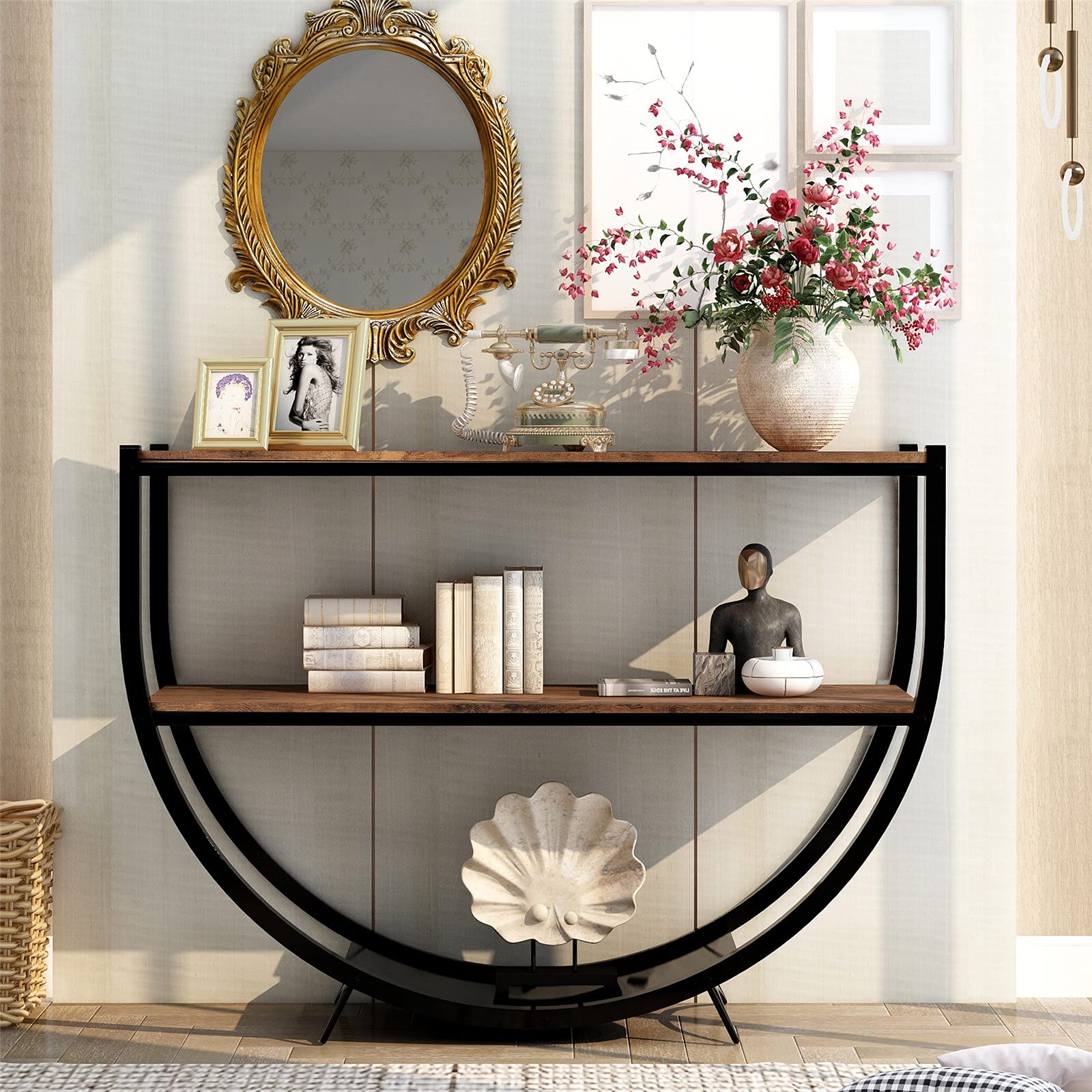 Henf Rustic Industrial U-Shape Console Table with 3 Shelves - Narrow Sofa Table for Entryway, Living Room, Bedroom & Corridor | Perfect for Small Spaces & Home Decor (Rustic Brown)