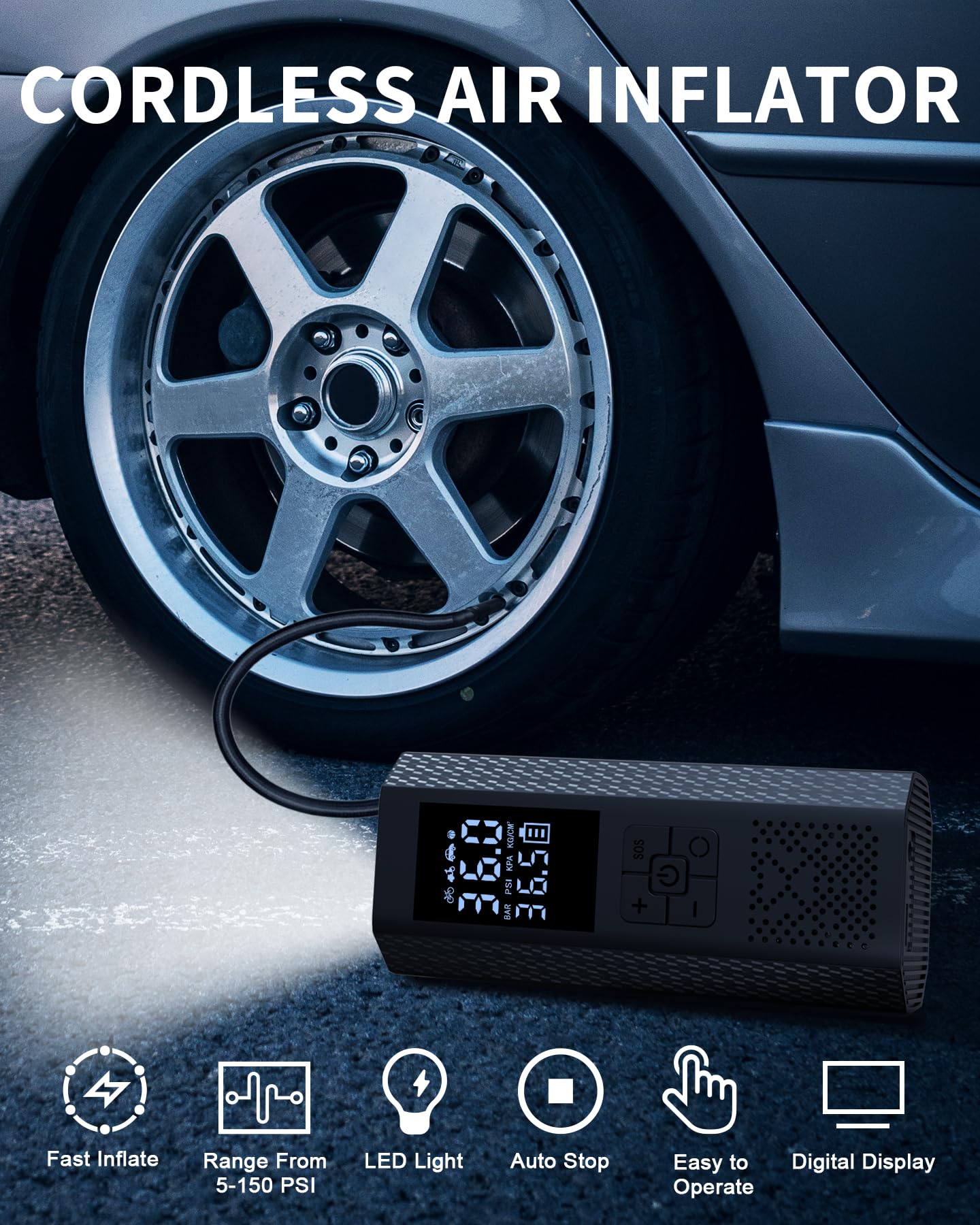 TEMOLA 150PSI Cordless Tire Inflator Portable Air Compressor - Digital LCD Display, LED Light for Car, Bike, SUV Tires - Fast Inflation for Road Trips, Emergency Use & Home Garage Maintenance