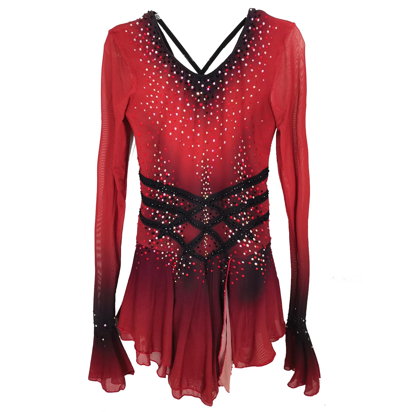 Girl's Red Long Sleeve Figure Skating Dress with Sparkling Rhinestones - Elegant Ice Skating Costume for Competitions & Performances - Perfect for Ice Shows, Recitals, and Winter Sports Events