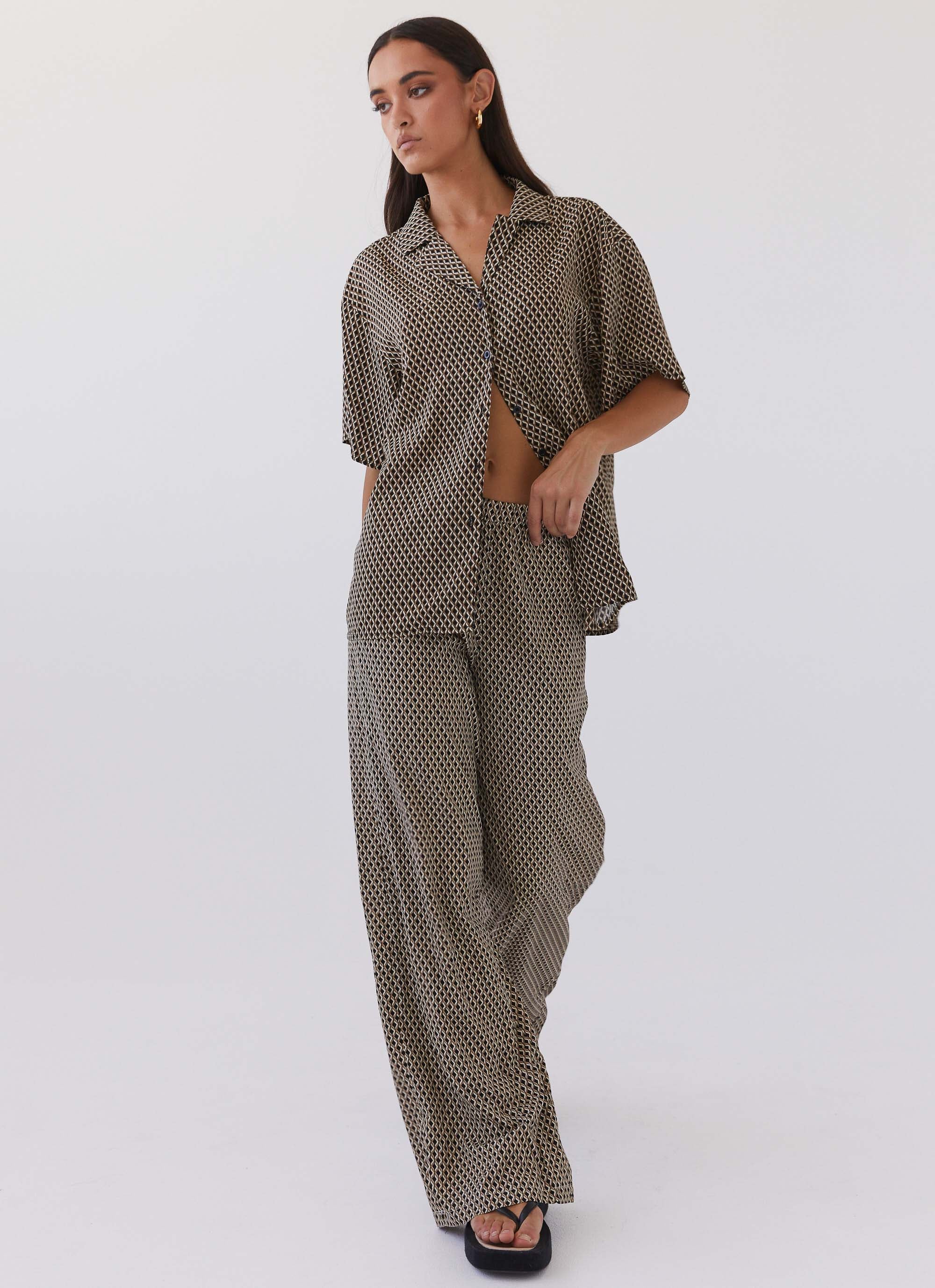 Bruno Women's Wide Leg Pants - Brown Geometric Print High Waisted Lounge Pants for Casual Wear, Yoga & Home Comfort