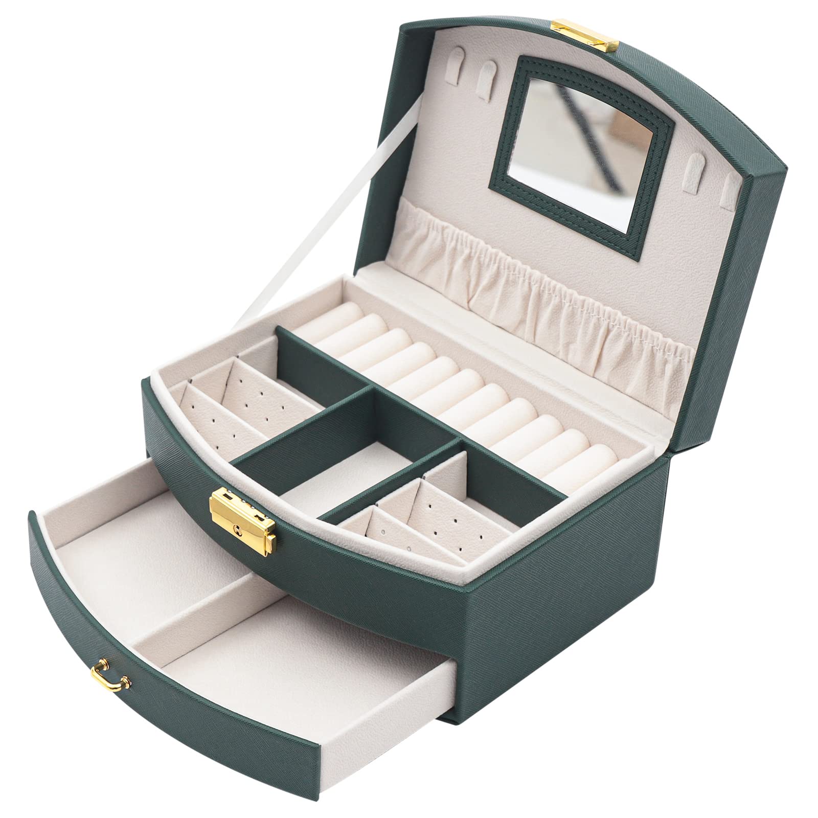 DYRABREST 2-Layer Wooden Jewelry Organizer Box with Mirror & Ring Tray - Earring, Necklace, Bracelet Display and Storage Case for Women (Green) - Perfect for Bedroom, Travel, and Gift Giving