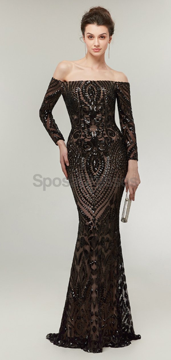 Sparkly Black Off Shoulder Long Sleeve Mermaid Prom Dress - Elegant Evening Party Gown for Formal Events, Homecoming, Pageants & Special Occasions