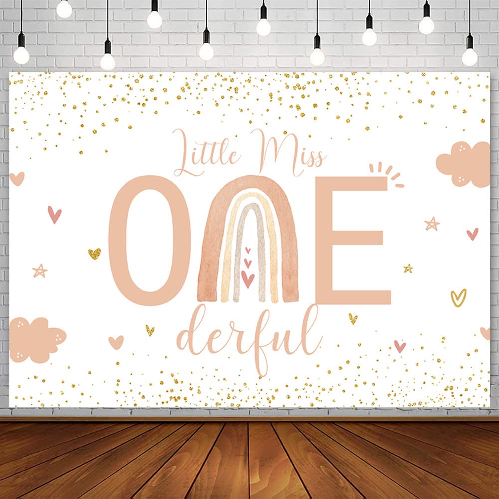Sendy 7x5ft Boho Rainbow Happy 1st Birthday Backdrop - Pink Little Miss Onederful Party Decor with Gold Dots & Pastel Clouds - Photography Background for Cake Table, Photo Props & Baby Shower Decorations