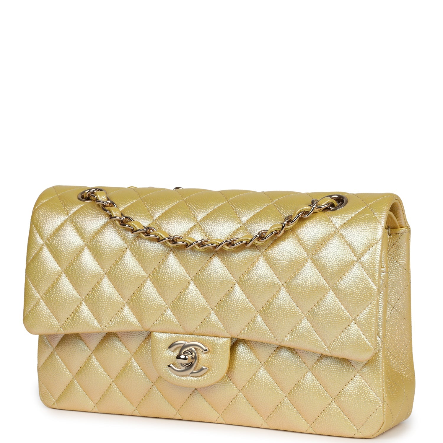 Chanel Medium Classic Double Flap Bag in Yellow Iridescent Caviar Leather with Light Gold Hardware - Perfect for Evening Events, Luxury Gift & Fashion Accessories