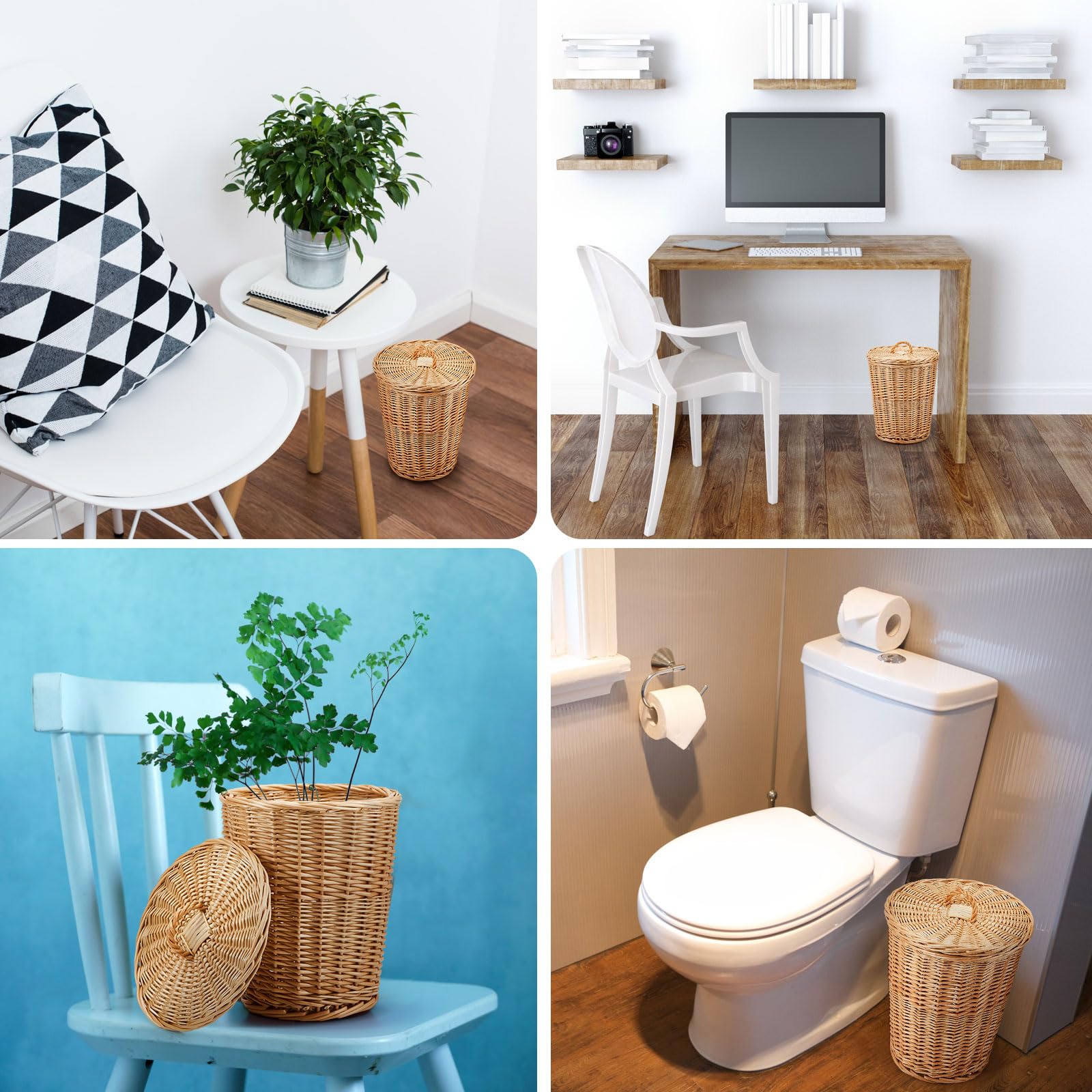 Maxcheck 2-Pack Woven Wicker Trash Can with Lid & 100 Plastic Bags - Eco-Friendly Waste Basket for Bathroom, Kitchen, Bedroom, Office & Laundry Room - Perfect for Home Organization & Waste Disposal