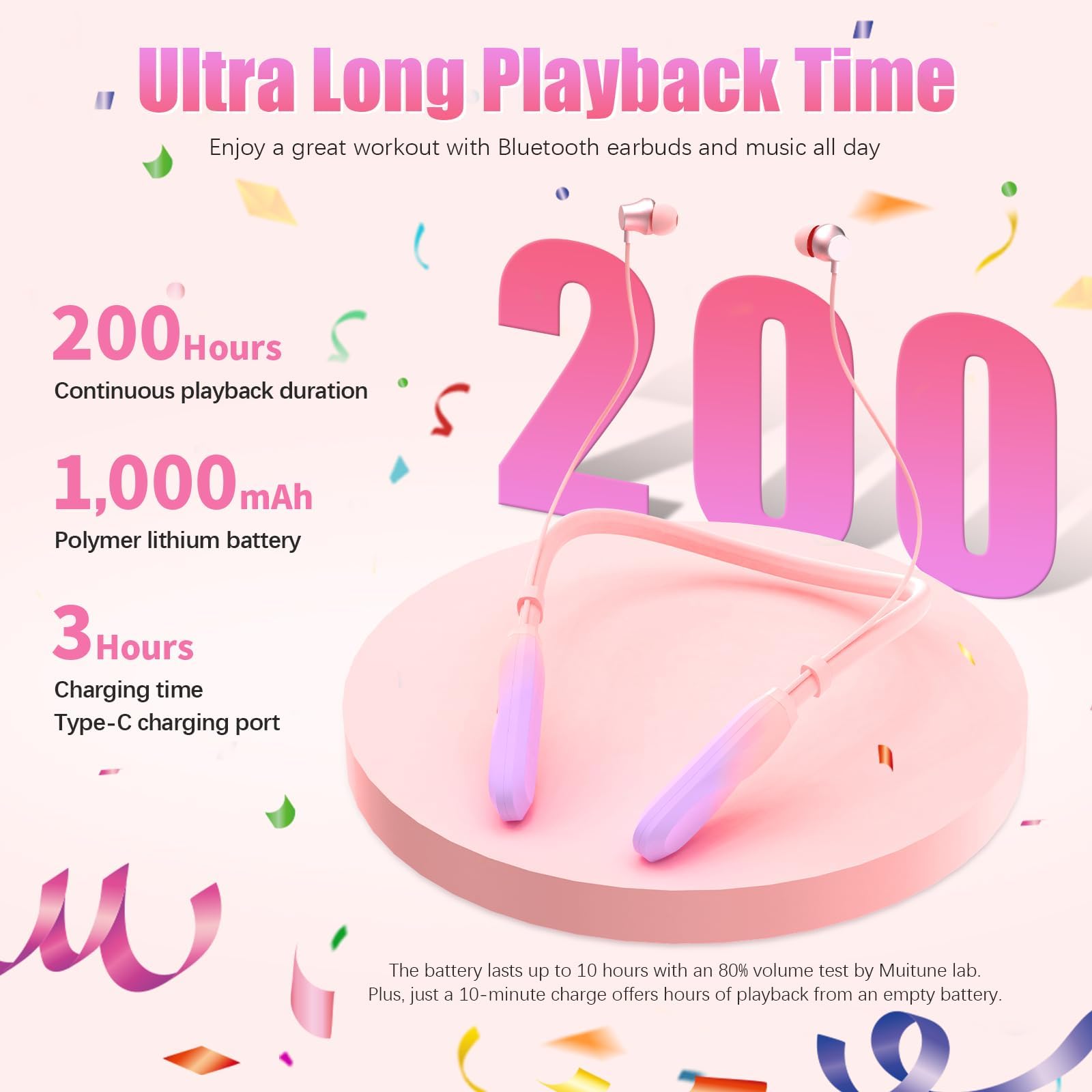 Wireless Bluetooth Neckband Headphones with 200H Playtime, Stereo Sound & Built-in Mic - IPX5 Waterproof, Balanced Armature Drivers for Sports, Running, Gym Workouts & Office Use (Pink-Purple)