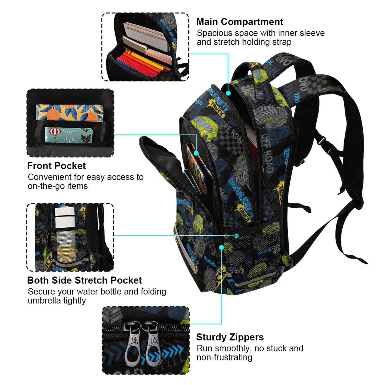 **Monster Truck Backpack for Boys & Girls - Durable School Backpack, Kids Bookbag for Elementary Students, Travel Rucksack - Perfect for School, Hiking & Daily Adventures**