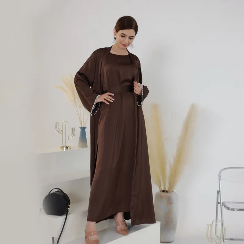 Elegant Muslim Women's Beaded Sleeve Satin Cardigan Open Abaya Dress for Eid, Wedding, Party & Special Occasions - Perfect for Islamic Celebrations, Festivals and Formal Events