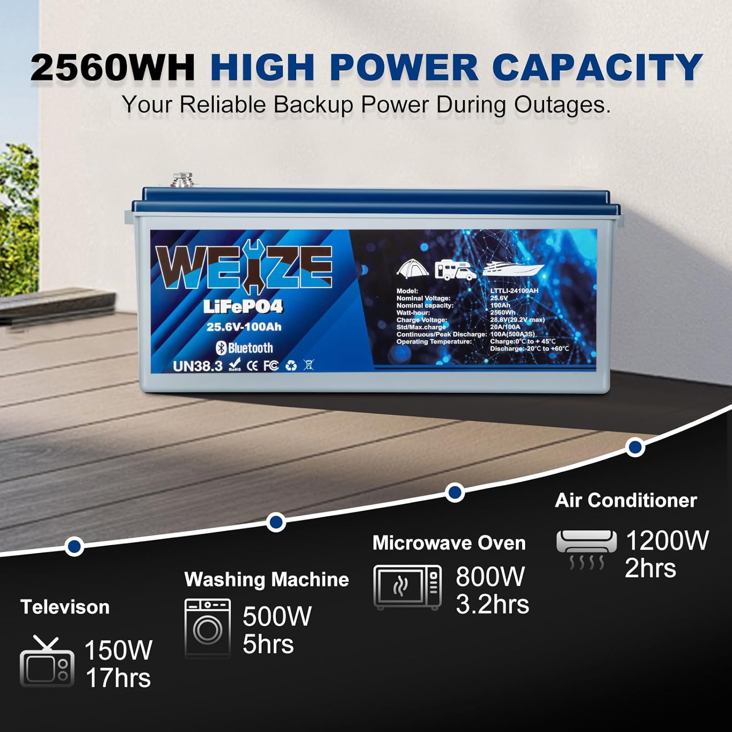 WEIZE 24V 100AH Bluetooth LiFePO4 Lithium Battery with Built-in 150A BMS | Low Temperature Protection | 500A/3S Peak Discharge | Deep Cycle Battery for Trolling Motor, Solar System, RV, Camping & Off-Grid Applications | Perfect for Marine, Home Energy Storage & Outdoor Adventures