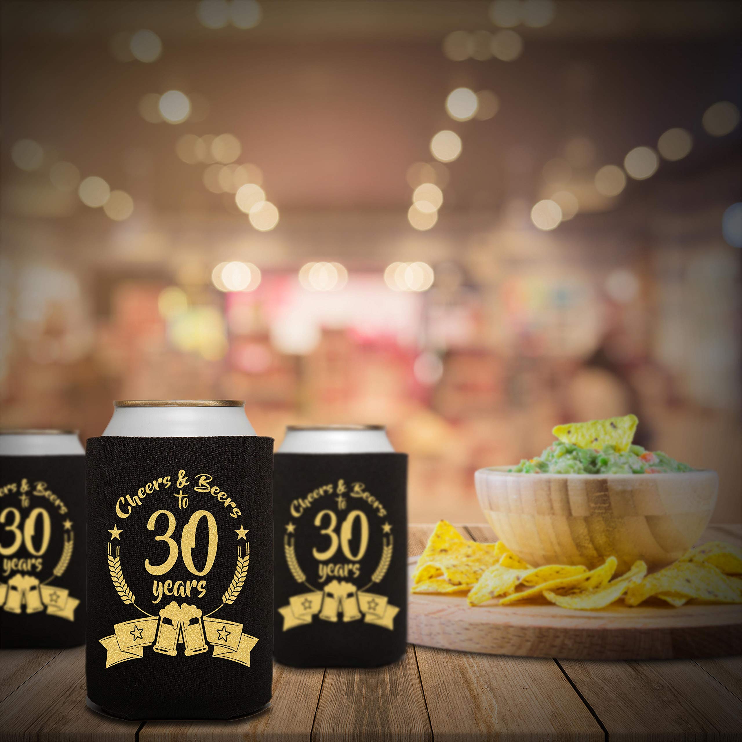 Cheers 30th Birthday Party Favor Can Coolers - Set of 12 Black Insulated Beer Sleeves - Perfect for Anniversary Celebrations, BBQs & Outdoor Events