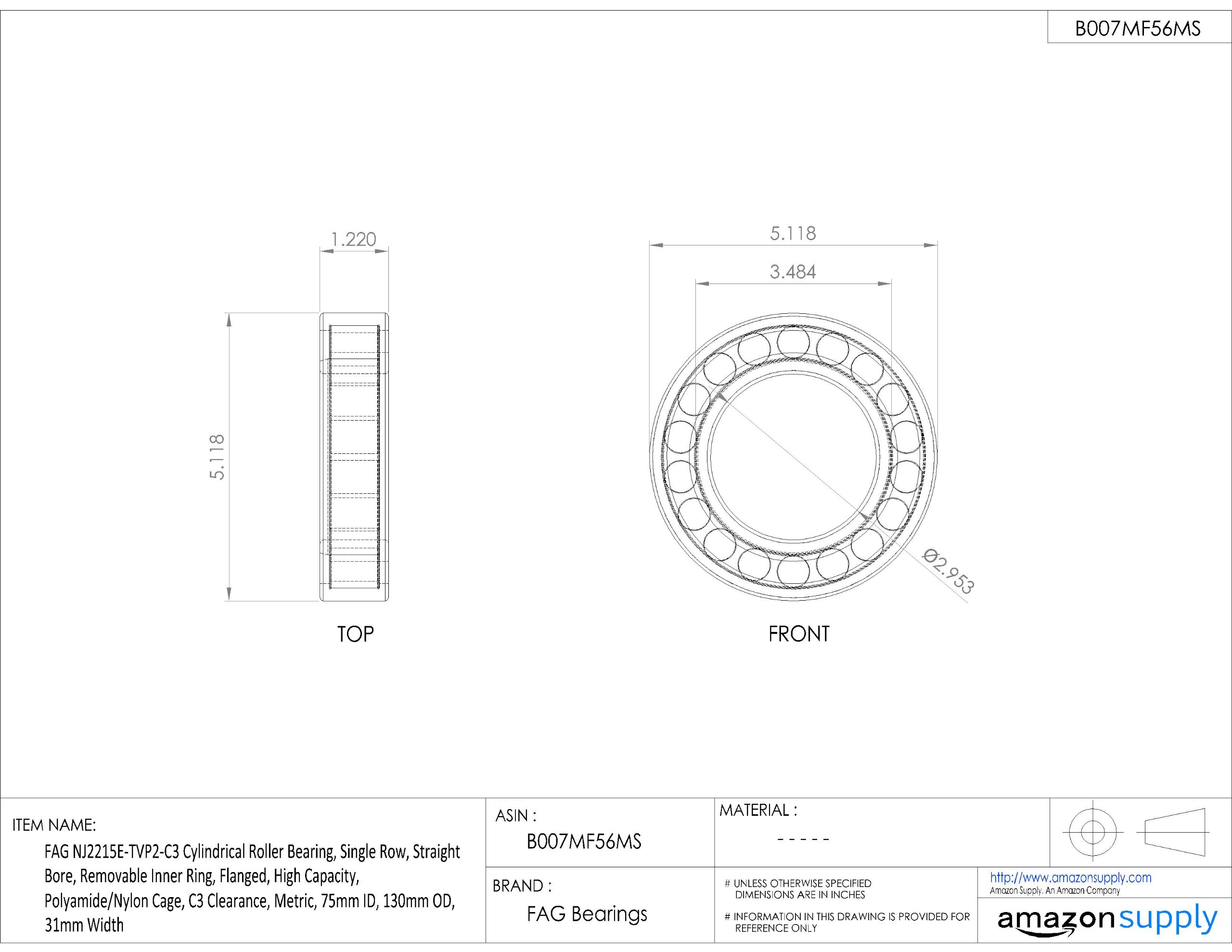 NJ2215E-TVP2-C3 Single Row Cylindrical Roller Bearing - Straight Bore, Removable Inner Ring, Flanged Design - High Load Capacity with Polyamide/Nylon Cage - C3 Clearance (75mm ID x 130mm OD x 31mm Width) - Ideal for Industrial Machinery, Heavy Equipment & Power Transmission Systems