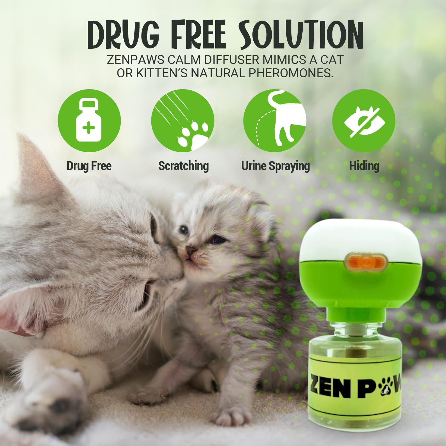 Zenpaws Cat Calming Pheromone Diffuser - 60 Day Starter Kit for Stress Relief in Cats | Reduces Anxiety During Travel, Vet Visits & Stops Spraying/Scratching | Perfect for Multi-Cat Homes & Moving Stress