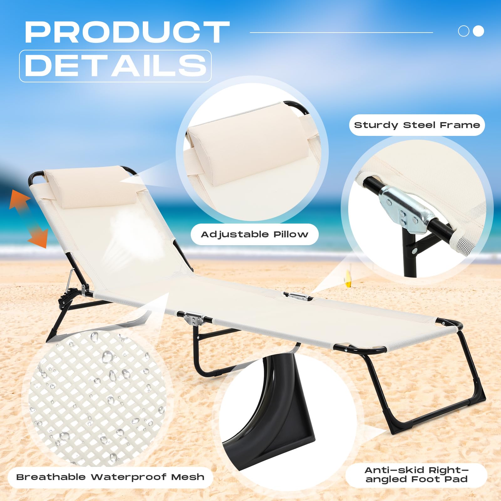Suzile 2 Pack Folding Chaise Lounge Chairs - Adjustable Outdoor Reclining Beach Chair with 5-Position Backrest, Detachable Pillow & Breathable Mesh - Perfect for Poolside, Backyard, Camping & Sunbathing (Beige)