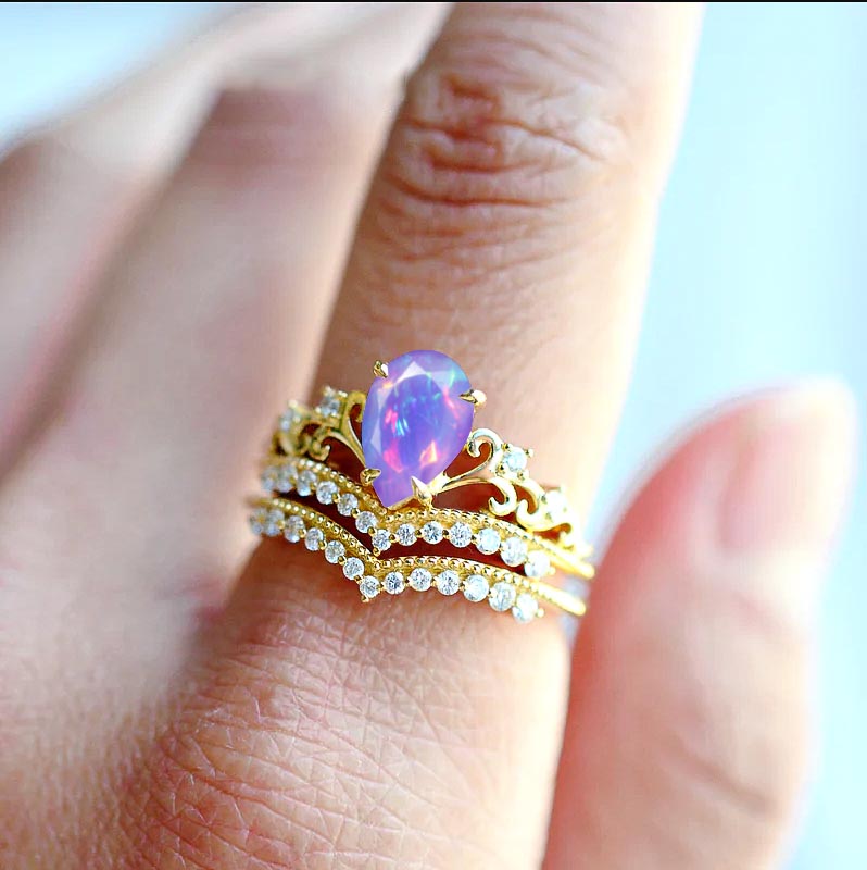 Lavender Ethiopian Opal Gemstone Crown Style Ring – Elegant Handmade Jewelry for Women, Perfect for Weddings, Parties & Special Occasions