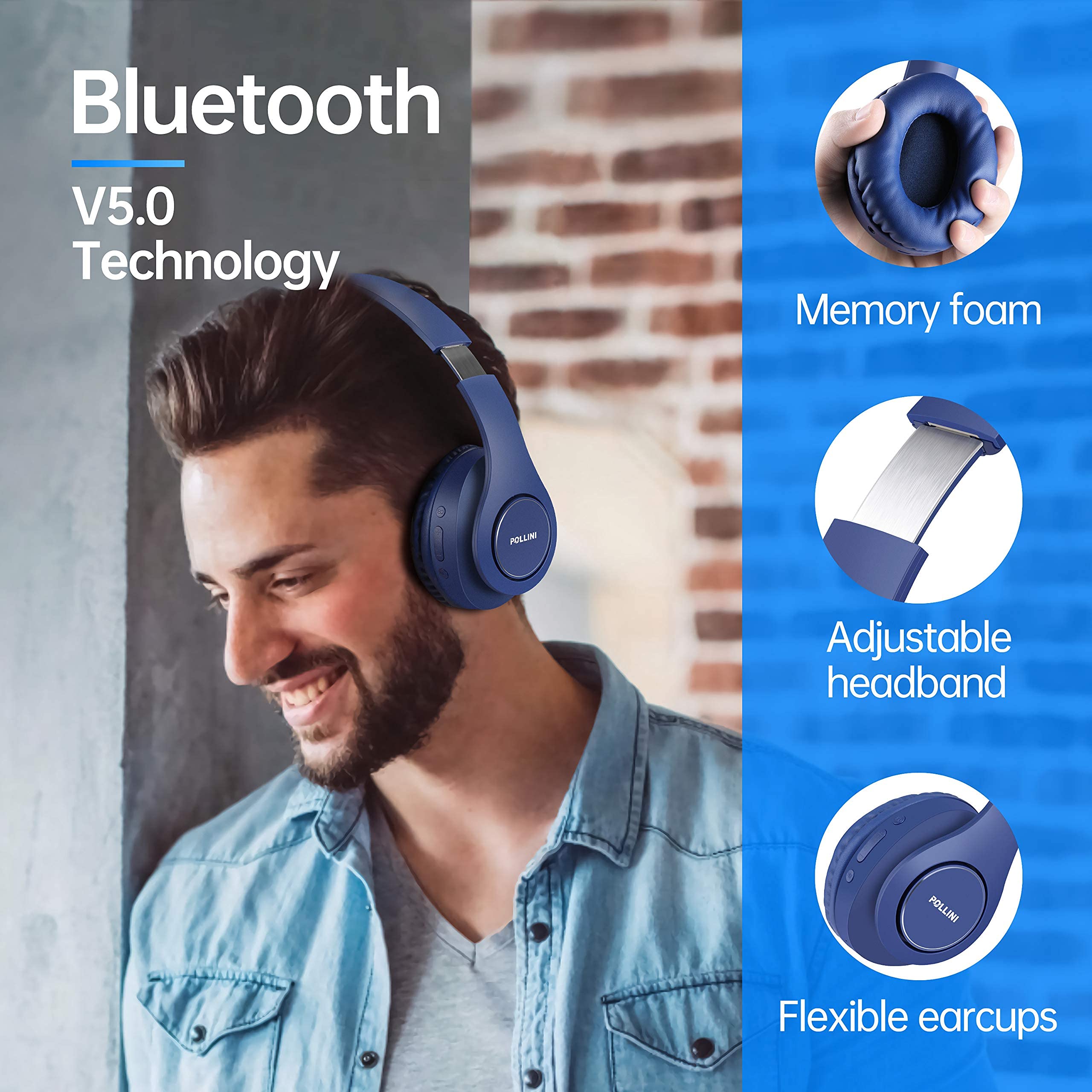 Pollini 40H Wireless Bluetooth Headphones - 40H Playtime, Foldable Over-Ear Headset with Mic, Deep Bass & Memory-Protein Earmuffs for Phone/PC - Perfect for Workouts, Commuting & Gaming (Dark Blue)