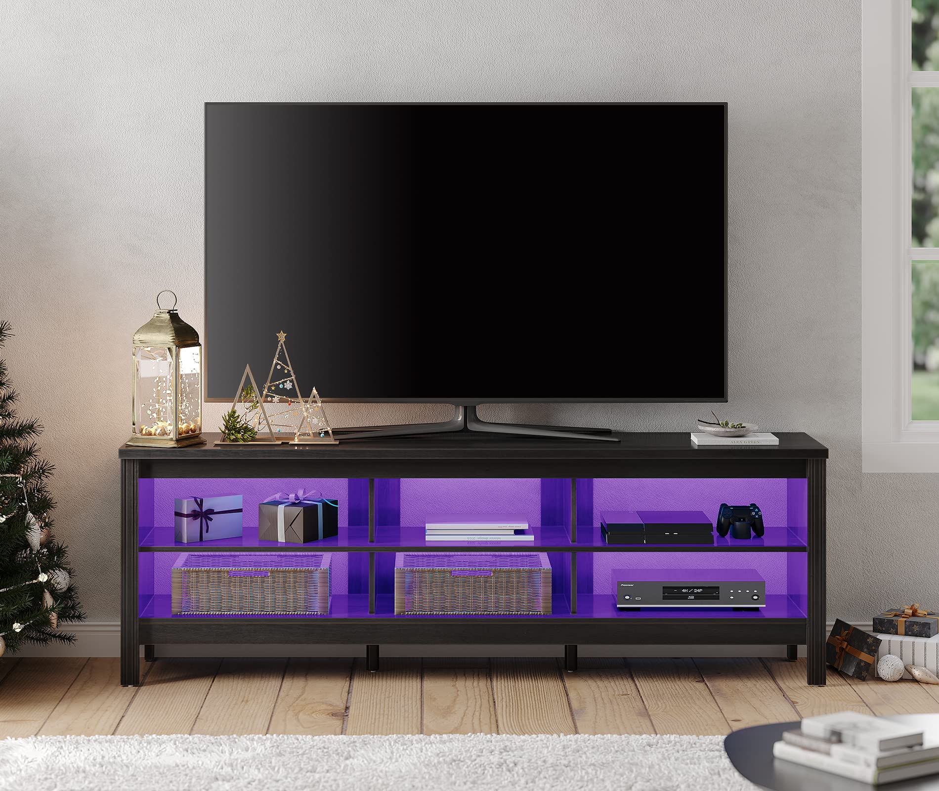 WAMPAT 75 Inch TV Stand with 6 Storage Shelves, Wood Entertainment Center Console Table for 70-75 Inch TVs - Perfect for Living Room, Bedroom & Office (Black)