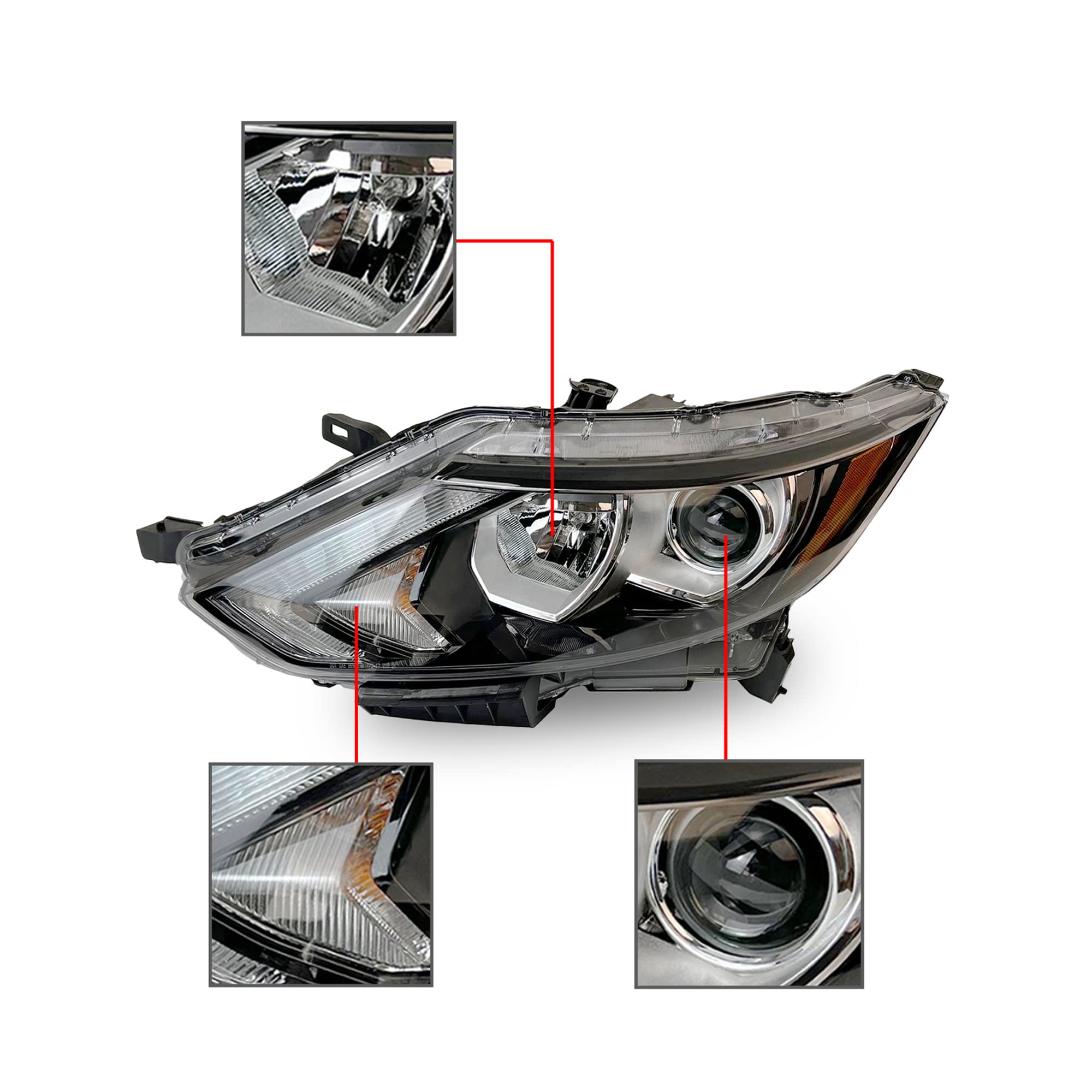 2PCS Halogen Headlight Chrome Housing Clear Lens Headlamp - Left & Right Compatible with 2017-2019 Nissan Rogue Sport (Part# 260606MA0A, 260106MA0A) - Perfect for Night Driving & Foggy Conditions